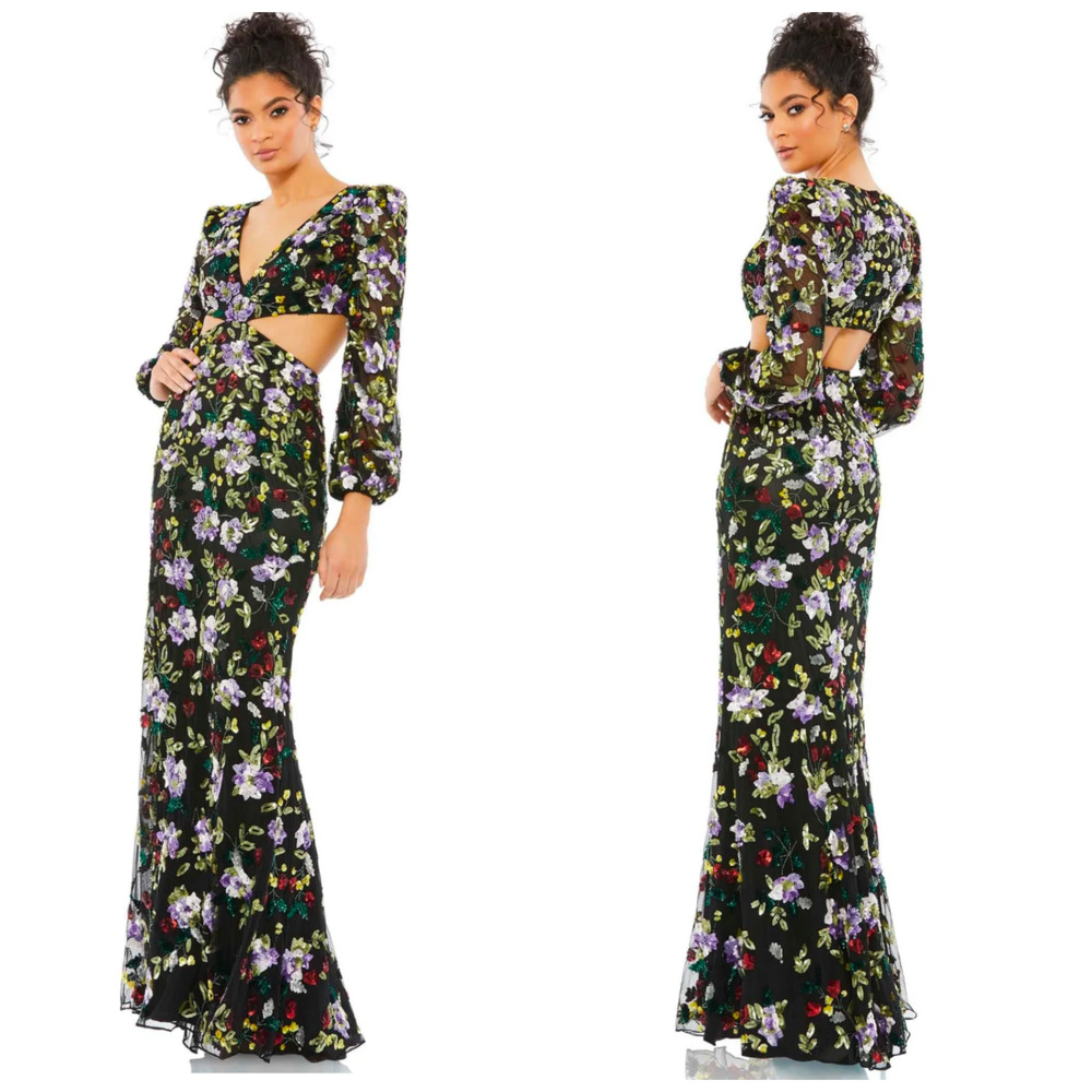 Mac Duggal Floral Sequin Cutout Gown Size 10 – Black Multicolor Long Dress NWT